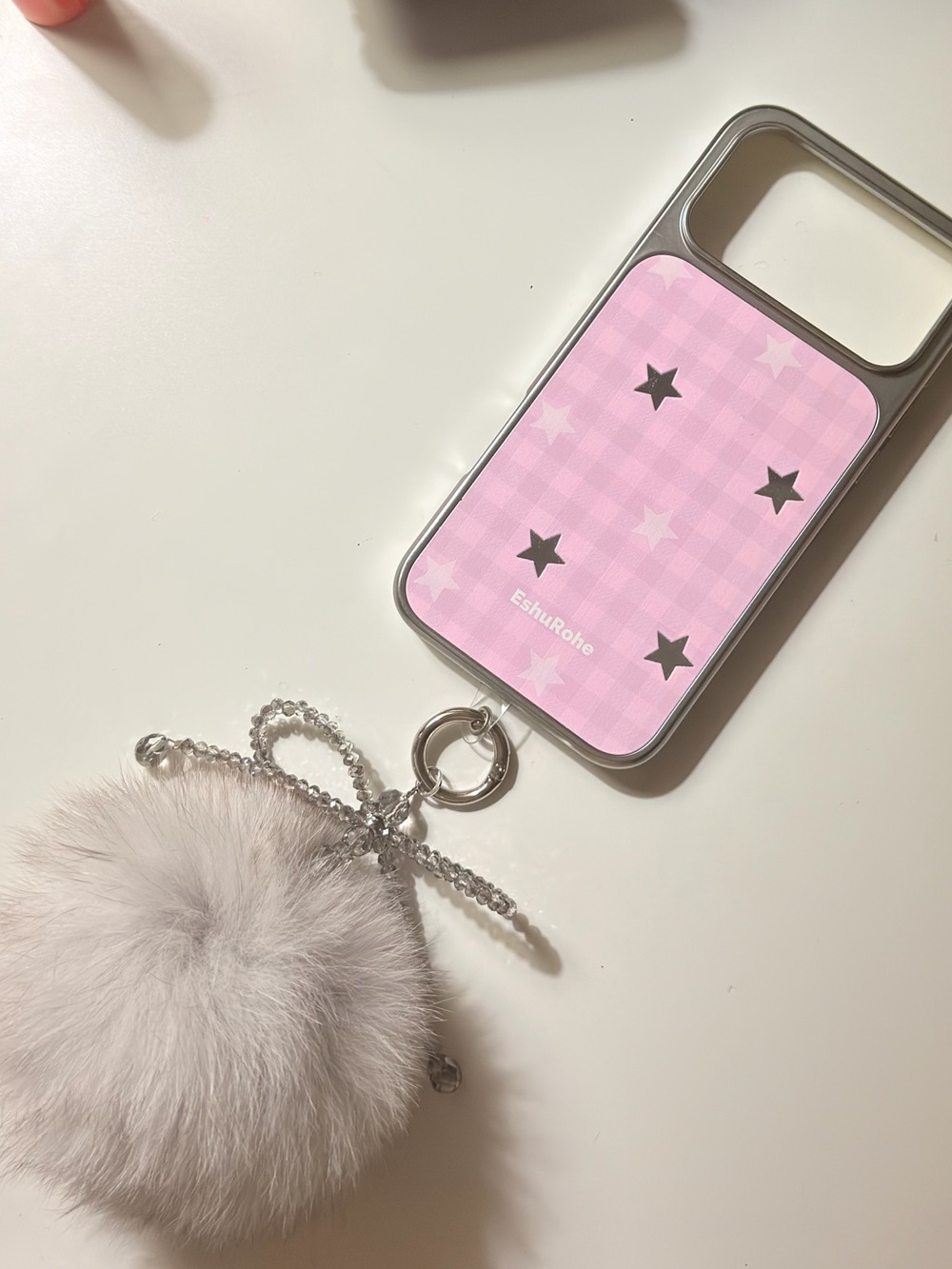 iPhone 17 pro max MagSafe Pink Star Phone Case with Fuzzy Pom Keychain